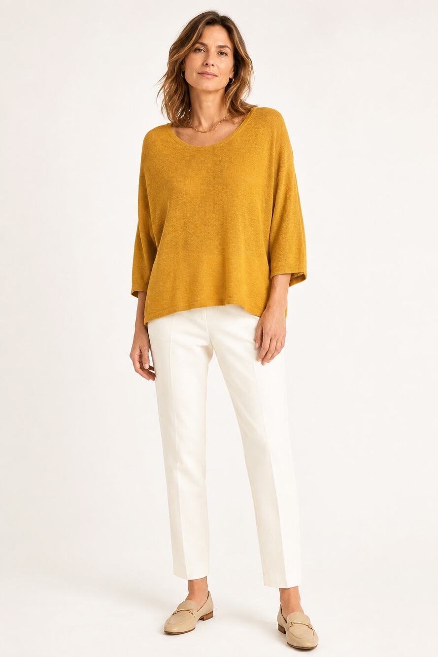Eileen Fisher Linen Cotton Sweater M Gold Yellow Dolman Oversized Lightweight
